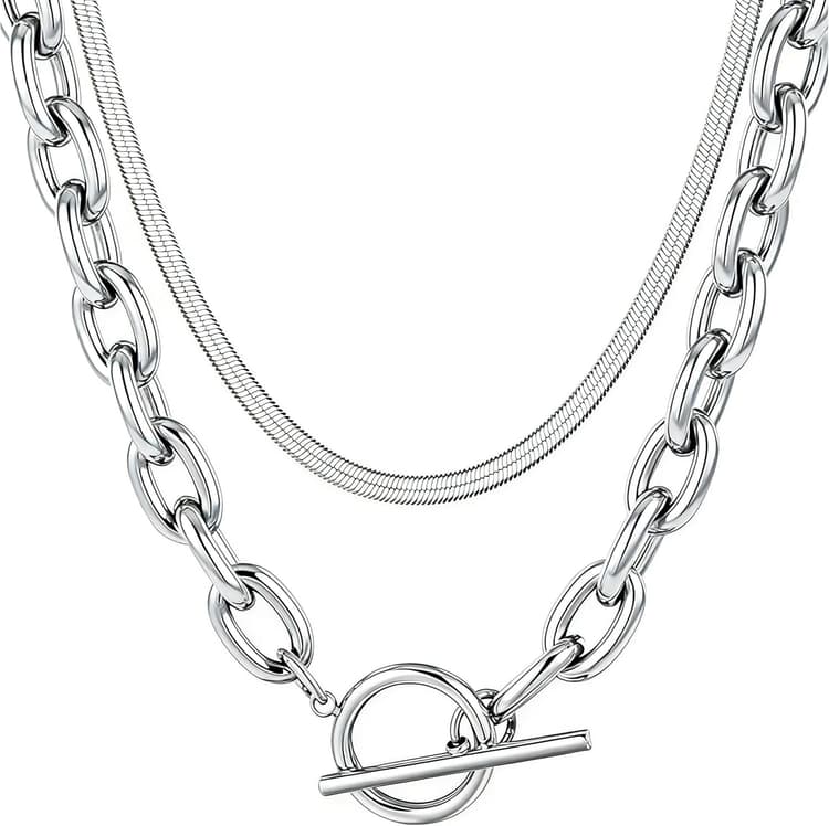2 Pcs Collier en Or superposé Chunky pour femmes, Collier en Paperclip à chevrons épais, Colliers en plaqué or 18K avec fermoir à bascule pour femmes hommes