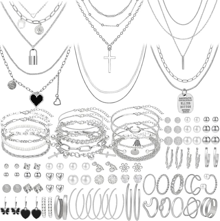 NEWITIN 100 Pieces Silver Jewelry Set for Women Fashion Costume Jewelry Silver Gold Plated Necklace Bracelet Ring Earrings Set for Women