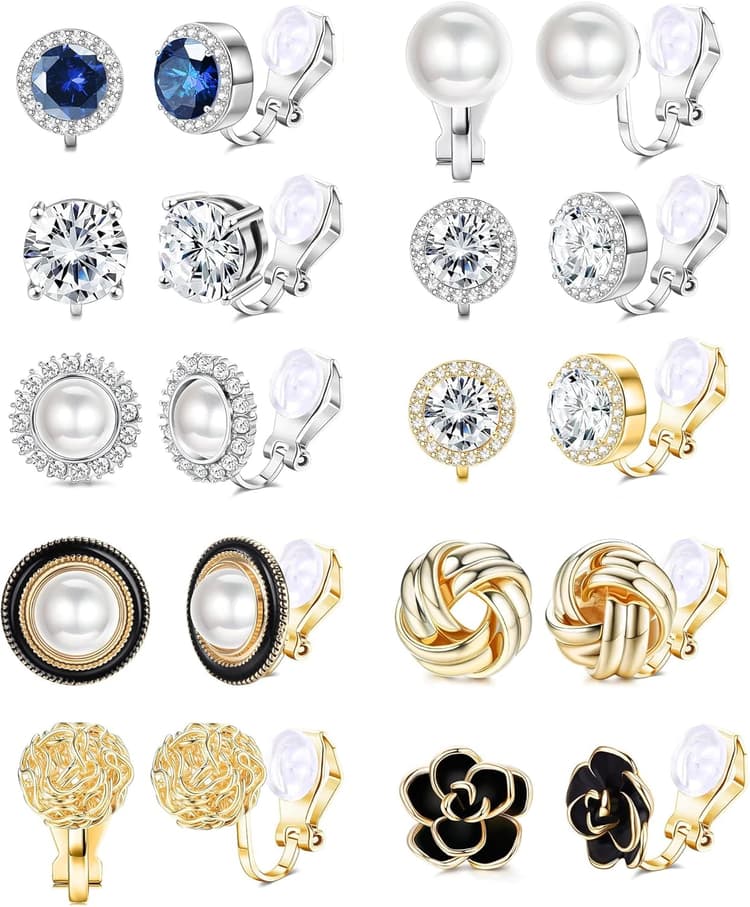 FIBO STEEL 10 Pairs Clip Earrings for Women Clip On Earrings for Non Pierced CZ Flower Simulated Freshwater Pearl Twist Knot Clip Earrings Sets Gold Silver Tone