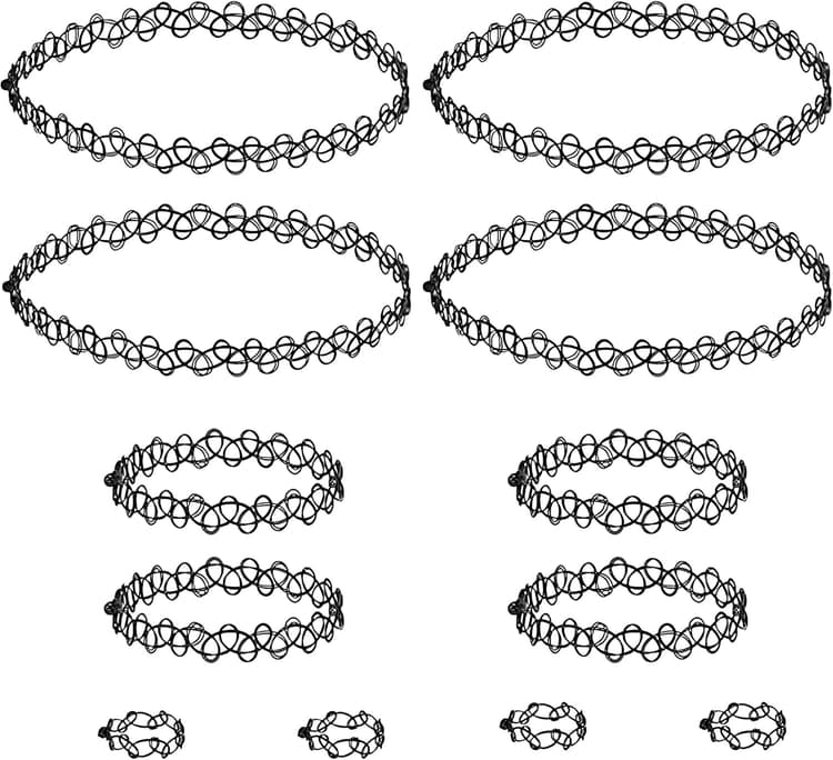 Ensemble 12 Pièces Collier Ras de Cou et Bracelet Bague, Tatouage Gothique Personnalisé Années 90, Elastique Réglable pour Adolescentes