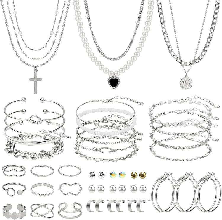 NEWITIN 49 Pieces Gold Jewelry Set for Women Fashion Costume Jewelry Gold Plated Necklace Bracelet Ring Earrings Set for Women