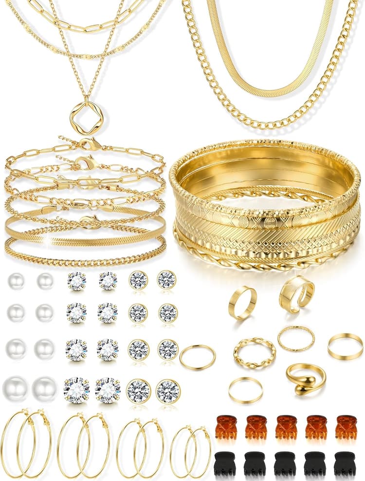 YEEZII 56 Pcs Gold Jewelry Set for Women with 5Pcs Layered Necklace, 5Pcs Layered Necklace, 12 Bracelets, 4 Hoop Earrings, 8 Stackable Rings, 10 hairpins, 12 Studs Earrings Jewerly set for Women