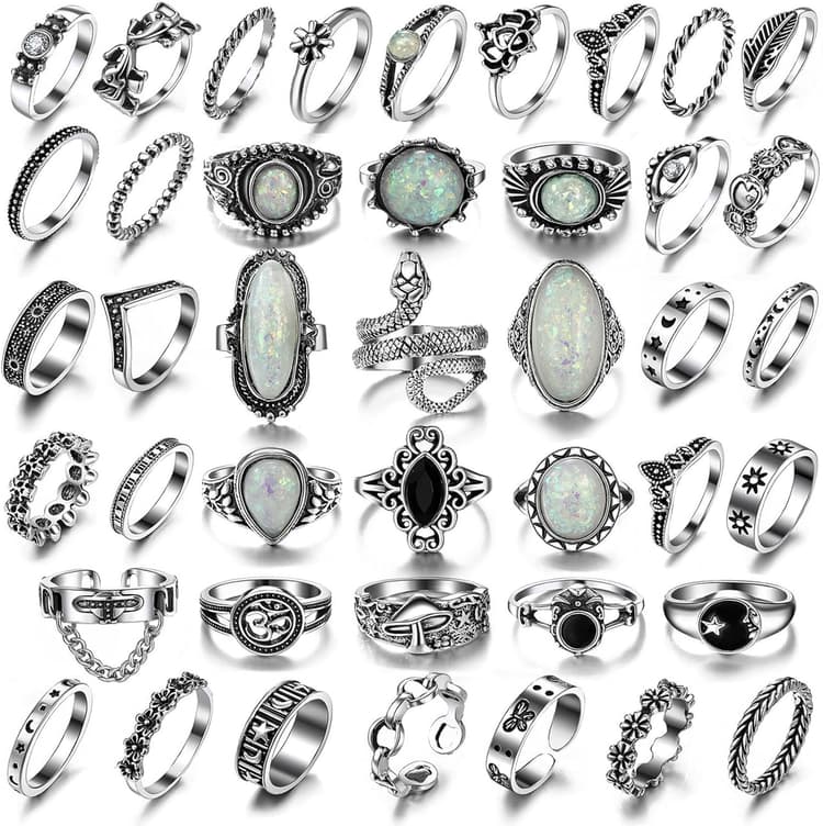 17IF Vintage Silver Knuckle Rings Set for Women Men, Chunky Rings Aesthetic Snake Grunge Stackable Gothic Ring Adjustable Y2K Punk Bulky Boho Finger Alt of Rings, Stacking Fairy Skull Frog Heart Star Flower Midi Ring Pack