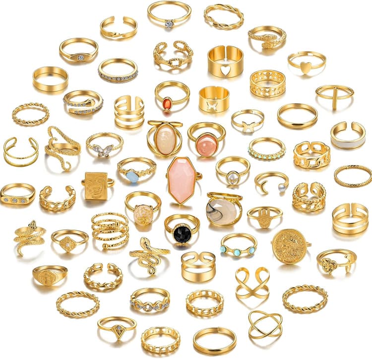 17KM 60 Pcs Gold Stacks Ring Sets for Women Non Tarnish, Dainty Vintage Stackable Rings Pack, Finger Midi Knuckle Rings for Jewelry Gift