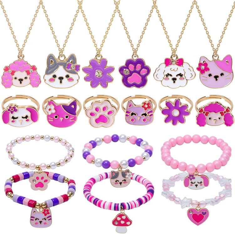 Toyssa 18 Pièces Bijoux Enfants Fille avec Collier Bracelet Bague, Bracelet Amitié Pinata Anniversaire Partie Fournitures Petit Cadeau Fille 4 5 6 7 8 9 10 Ans Anniversaire Enfant Adolescente Femme