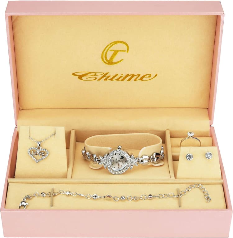 Coffret Cadeau Montre Femme - Parure de Bijoux- Collier-Bague- Boucles d'oreilles - Bracelet