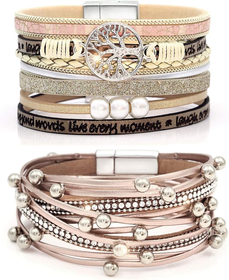 Suyi Ensemble De Bracelet en Cuir Multicouche 2 Pièces Bracelet De Perles Bracelet Manchette avec Boucle Magnétique pour Femme
