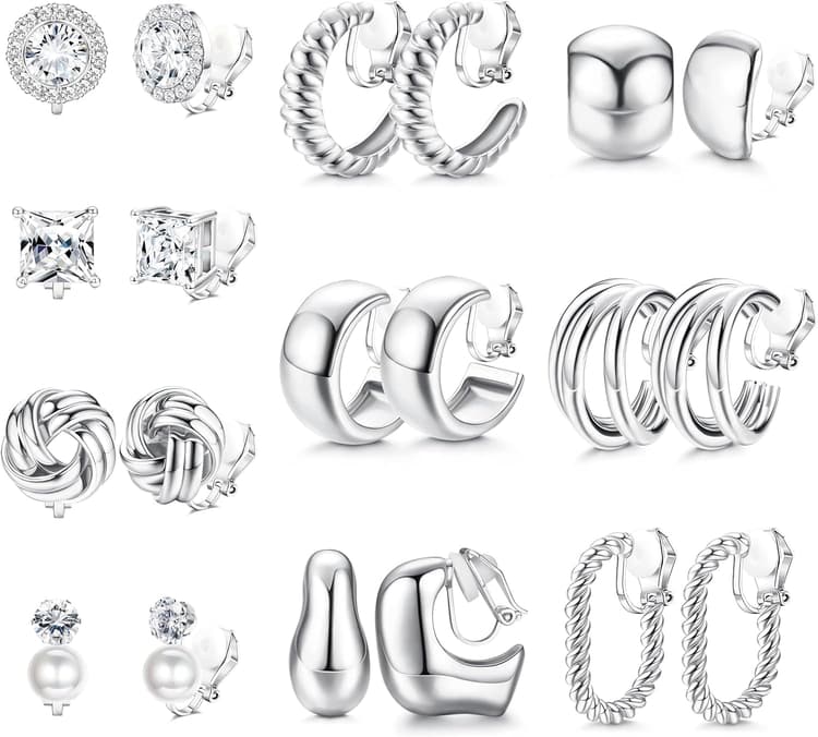FIBO STEEL 10 Pairs Clip On Earrings for Women Non Pierced Ears CZ Pearl Knot Twist Chunky Hoop and Studs Earring Set Ear Clips Jewelry 14K Gold Plated