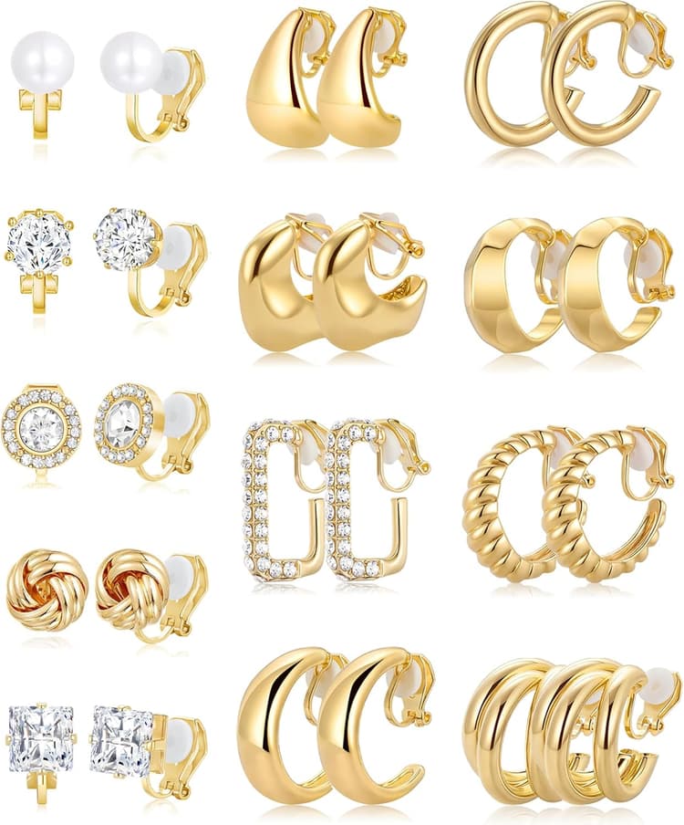 13 Pairs Clip on Earrings for Women 14K Gold Silver Plated Chunky Hoop Clip Earrings CZ Pearl Knot Twist Tube Waterdrop Croissant Non Pierced Hoop and Studs Fake Earring Jewelry Set