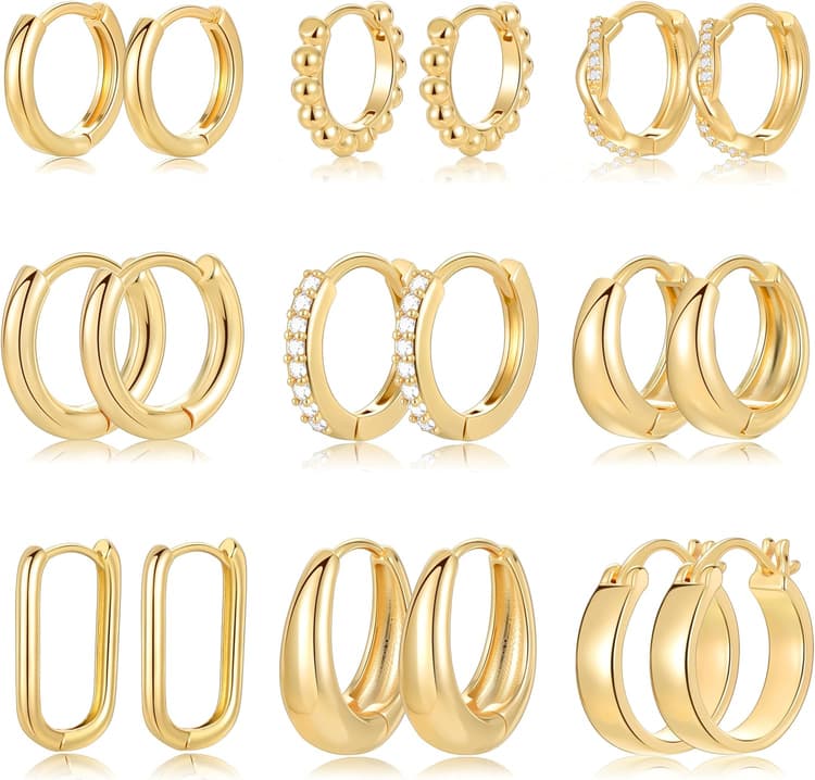9 Pairs Small Gold/Silver Hoop Huggie Earrings Set for Women, 14K Gold Plated Chunky Hoop Small Earring Hypoallergenic Thick Open Lightweight Chunky Hoop Earrings Jewelry for Gifts
