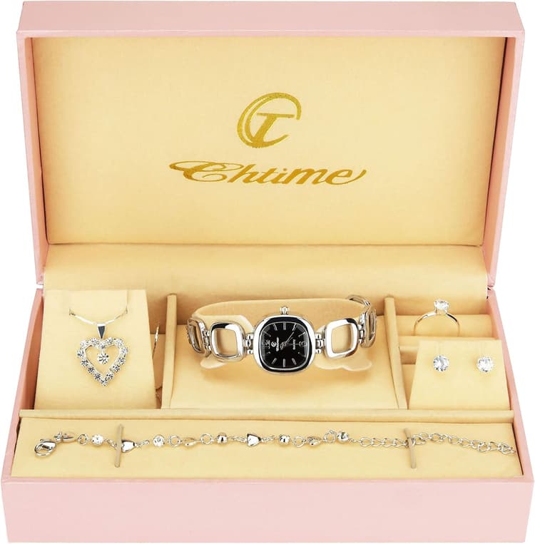 Coffret Cadeau Montre Femme Noir - Parure de Bijoux- Collier-Bague- Boucles d'oreilles - Bracelet