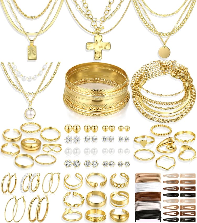 FANDY 137 Pieces Gold Jewelry Set for Women, 12 Necklace, 14 Bracelet, 21 Earrings, 24 Knuckle Rings, 66 Hair Accessory Gold Plated Jewelry Set for Women Gift